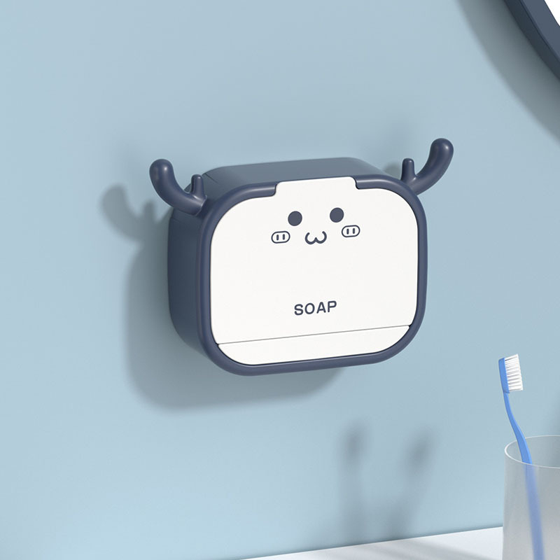 Cutie de săpun cu design de coarne de cerb, fără găuri, pentru toaletă și baie, cu capac, compartiment dublu și suport de drenaj rabatabil