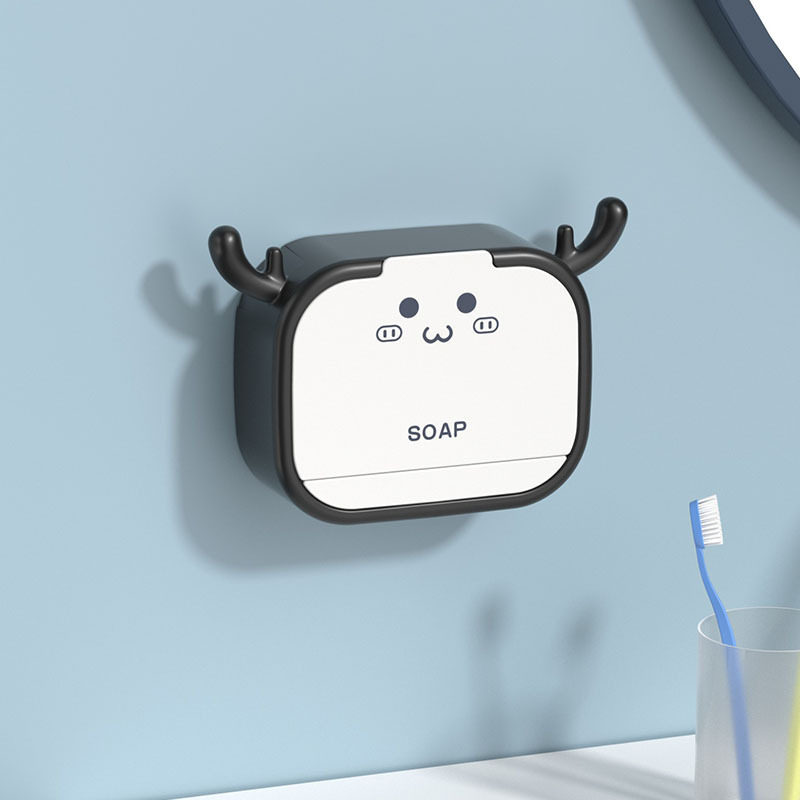 Cutie de săpun cu design de coarne de cerb, fără găuri, pentru toaletă și baie, cu capac, compartiment dublu și suport de drenaj rabatabil