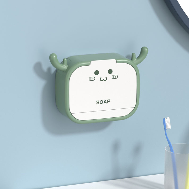 Cutie de săpun cu design de coarne de cerb, fără găuri, pentru toaletă și baie, cu capac, compartiment dublu și suport de drenaj rabatabil