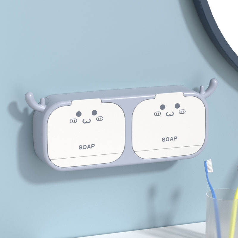 Cutie de săpun cu design de coarne de cerb, fără găuri, pentru toaletă și baie, cu capac, compartiment dublu și suport de drenaj rabatabil