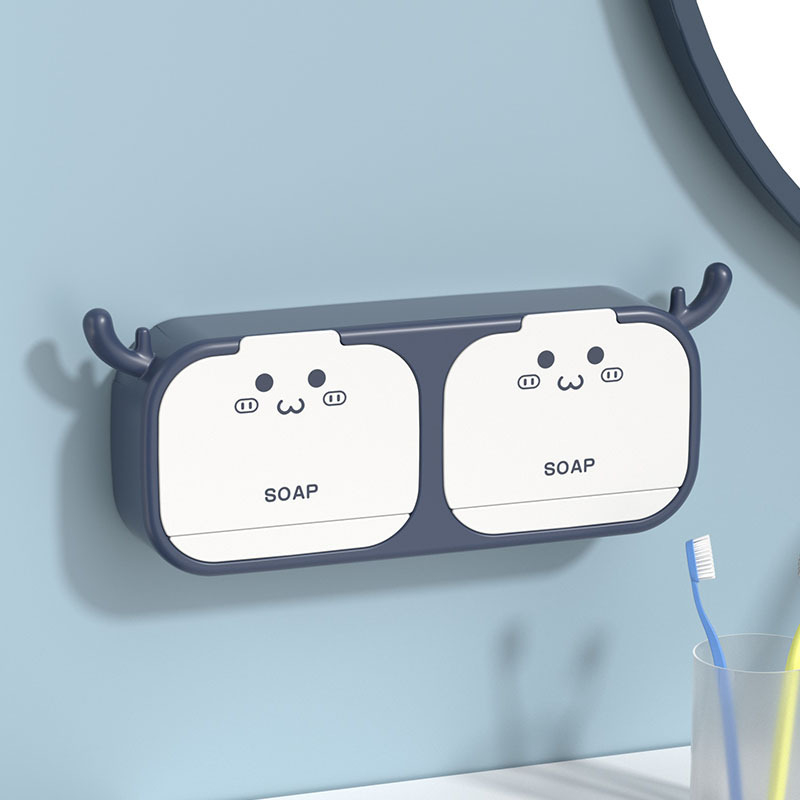 Cutie de săpun cu design de coarne de cerb, fără găuri, pentru toaletă și baie, cu capac, compartiment dublu și suport de drenaj rabatabil