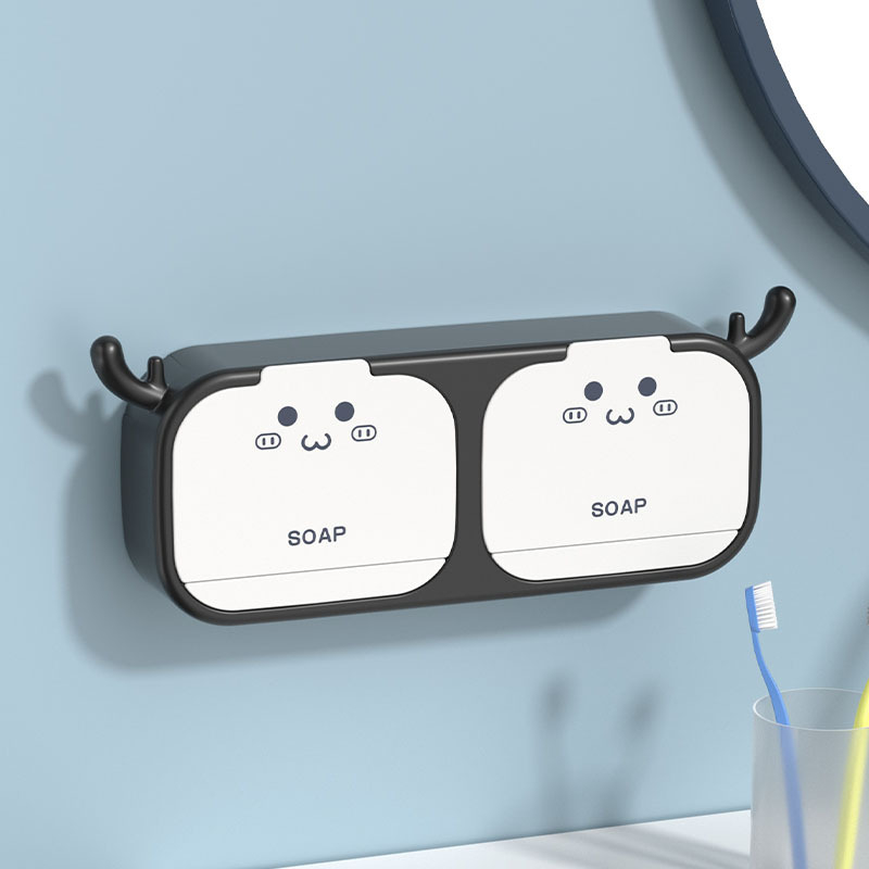 Cutie de săpun cu design de coarne de cerb, fără găuri, pentru toaletă și baie, cu capac, compartiment dublu și suport de drenaj rabatabil
