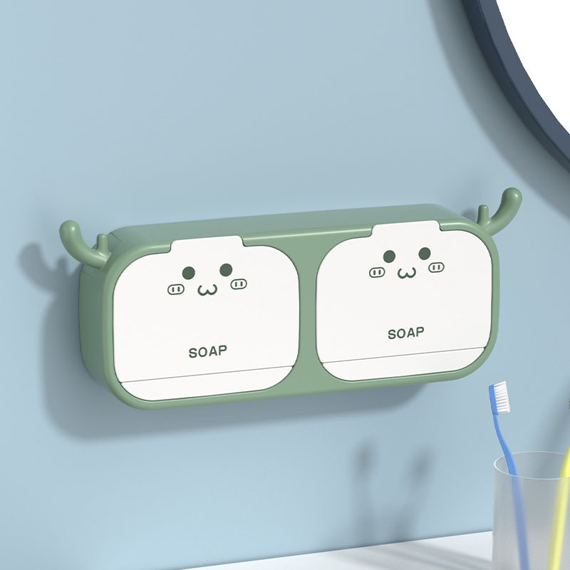 Cutie de săpun cu design de coarne de cerb, fără găuri, pentru toaletă și baie, cu capac, compartiment dublu și suport de drenaj rabatabil