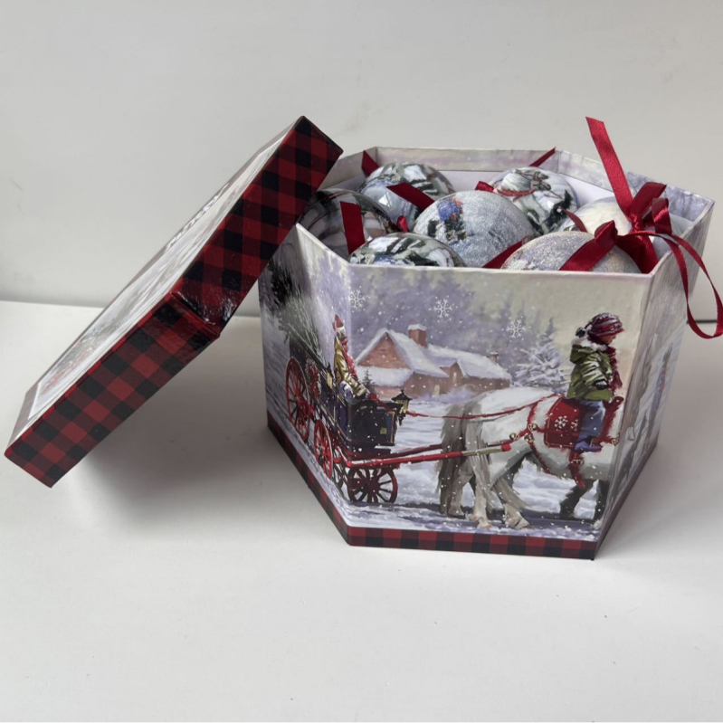 Set de 14 globulețe de Crăciun, 8 cm, în cutie cadou pentru decorarea bradului