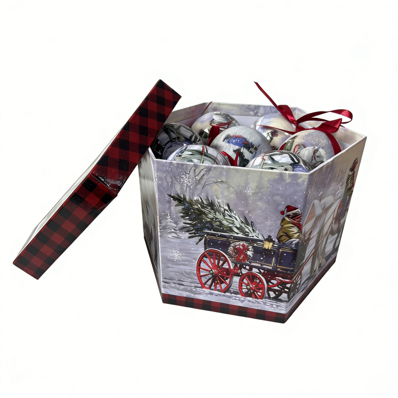 Set de 14 globulețe de Crăciun, 8 cm, în cutie cadou pentru decorarea bradului