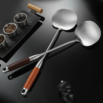 Spatulă din oțel inoxidabil pentru ciuperci, mâner din lemn, potrivită pentru wok și tigaie