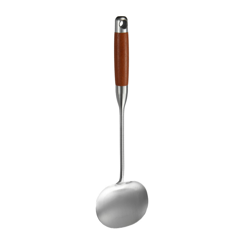 Spatulă din oțel inoxidabil pentru ciuperci, mâner din lemn, potrivită pentru wok și tigaie