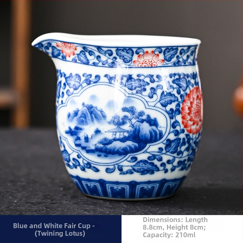 Modro-biela porcelánová šálka na čaj s podnosom – retro keramický čajový set pre domácu čajovú ceremóniu