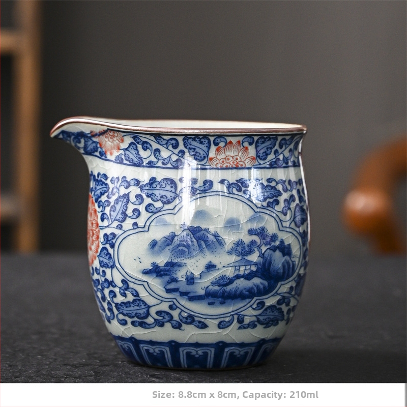 Modro-biela porcelánová šálka na čaj s podnosom – retro keramický čajový set pre domácu čajovú ceremóniu
