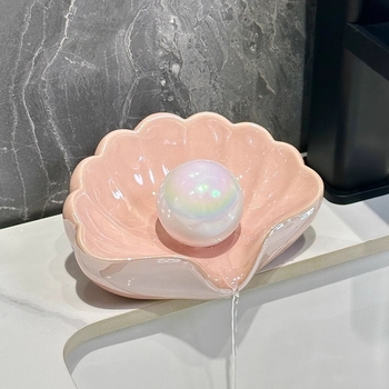 Săpunieră ceramică în formă de scoică, fără găuri, accesoriu de baie premium cu drenaj automat