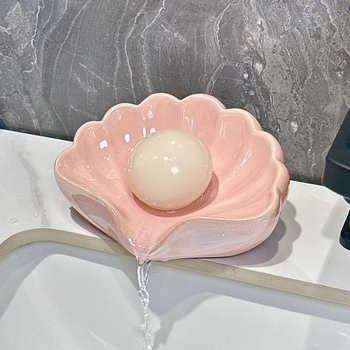 Săpunieră ceramică în formă de scoică, fără găuri, accesoriu de baie premium cu drenaj automat