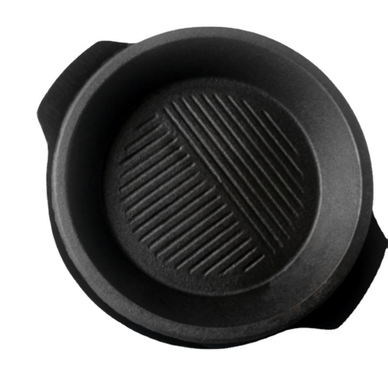 Tigaie rotundă din fontă pentru plita cu inducție, bază din lemn, diametru 23–24 cm, 2,5 kg, antiaderent, ușor de curățat, multifuncțional pentru grătar și gătit