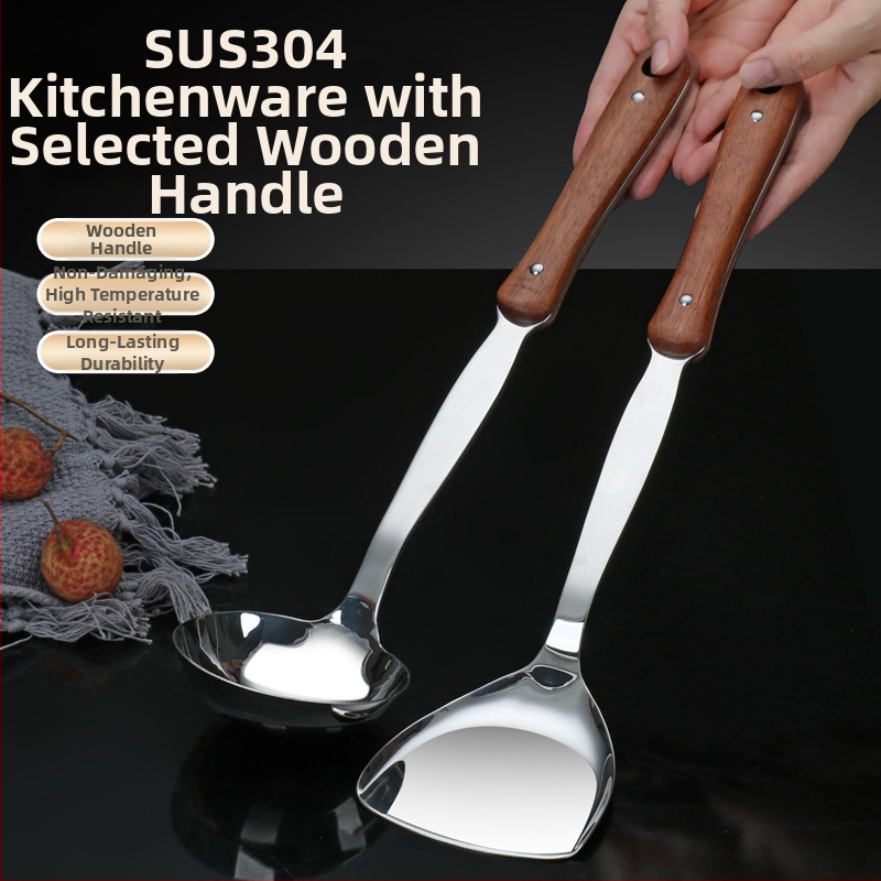 Set spatulă și lingură din oțel inoxidabil 304, cu mâner lung, fără acoperire, pentru gătit și prăjit, pentru uz casnic și comercial, în stoc.