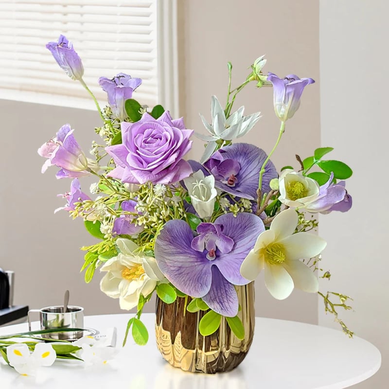 Flori artificiale de mătase: buchet cu trandafiri, magnolie și gypsophila, decor pentru casă