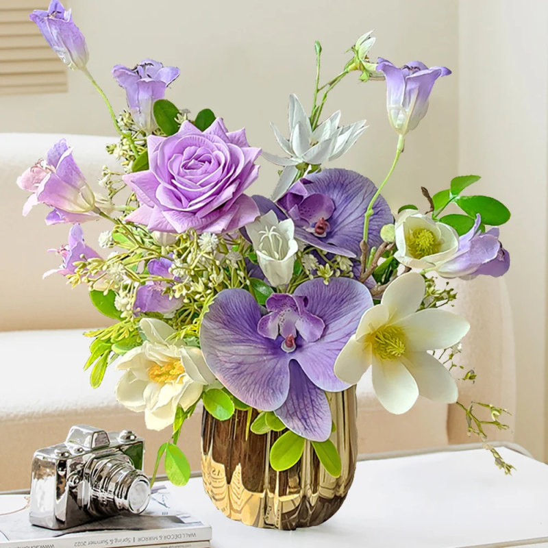 Flori artificiale de mătase: buchet cu trandafiri, magnolie și gypsophila, decor pentru casă