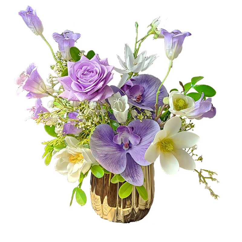 Flori artificiale de mătase: buchet cu trandafiri, magnolie și gypsophila, decor pentru casă
