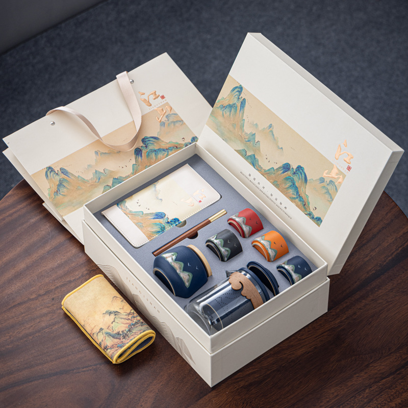 Set ceramic de ceai personalizabil într-o cutie cadou pentru cadouri corporative – design inspirat chinezește