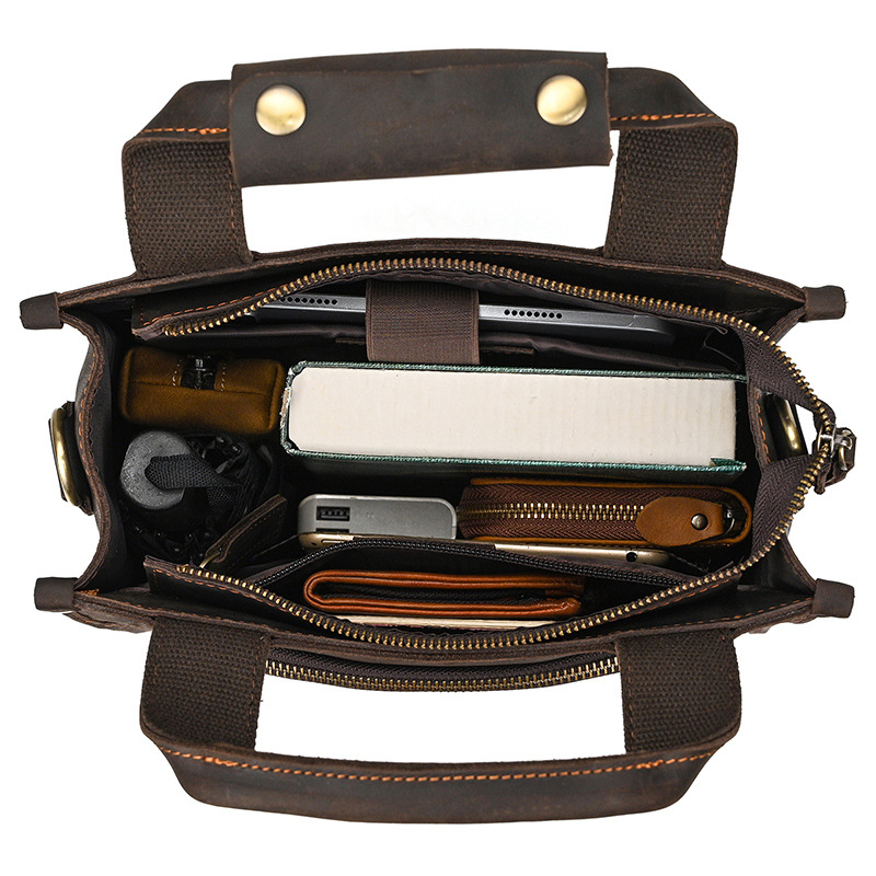 Crazy Horse Leather Unisex torba za dokumente preko ramena, od prave kože, A4, uspravna poslovna torba