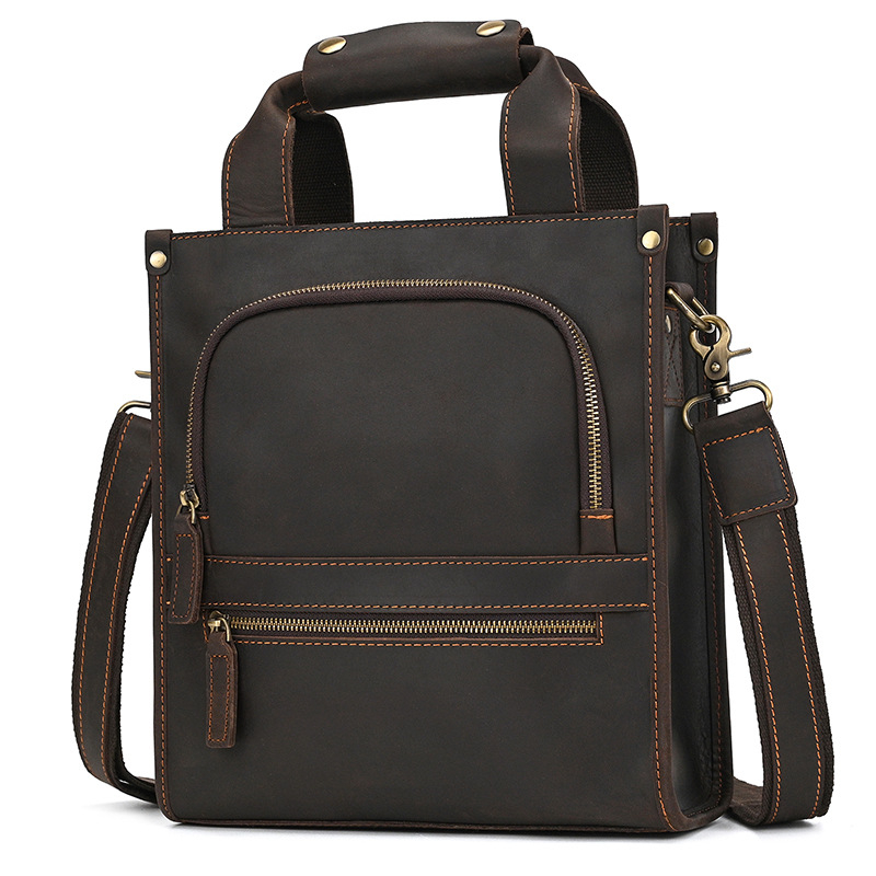 Crazy Horse Leather Unisex torba za dokumente preko ramena, od prave kože, A4, uspravna poslovna torba