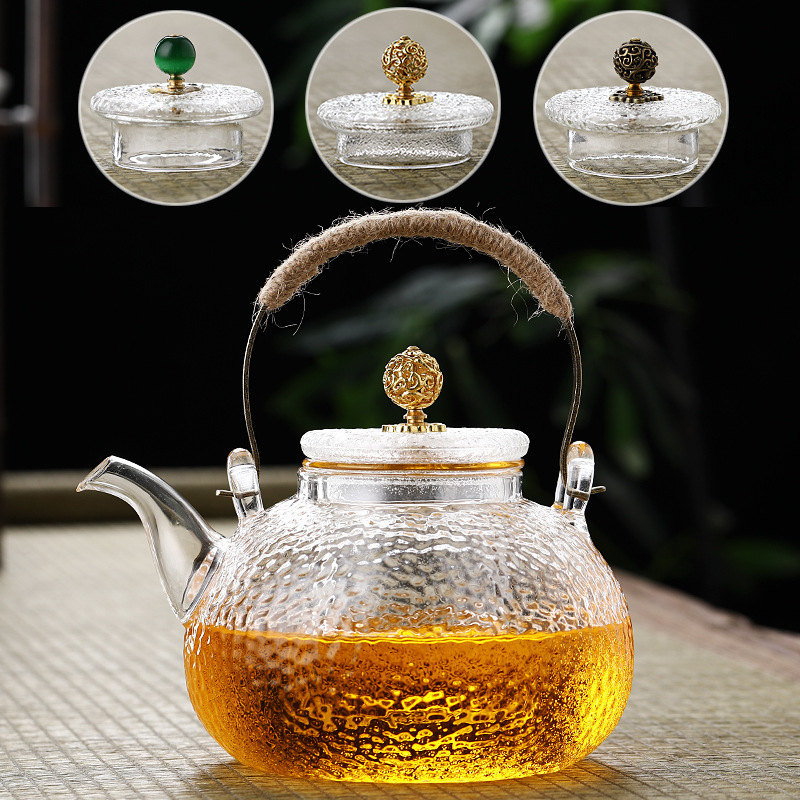Ceainic din sticlă borosilicat cu mâner, transparent pentru ceai de flori, pentru uz casnic, compatibil cu plita electrică ceramică