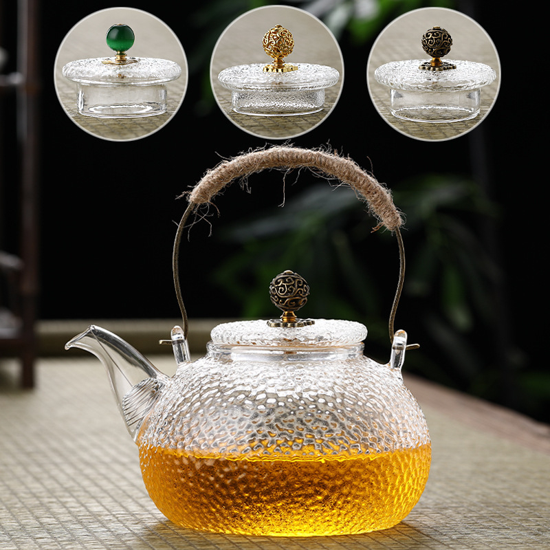 Ceainic din sticlă borosilicat cu mâner, transparent pentru ceai de flori, pentru uz casnic, compatibil cu plita electrică ceramică