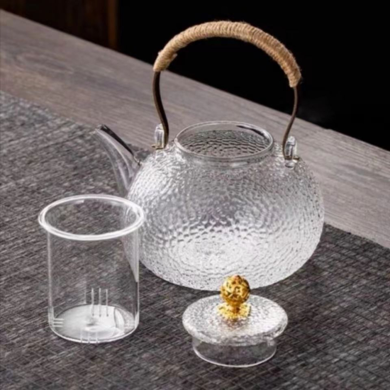 Ceainic din sticlă borosilicat cu mâner, transparent pentru ceai de flori, pentru uz casnic, compatibil cu plita electrică ceramică