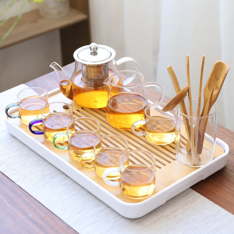 Set de ceai Kung Fu din sticlă rezistentă la temperatură, cu tavă de ceai, căni mici și ceainic – pentru casă, living și birou