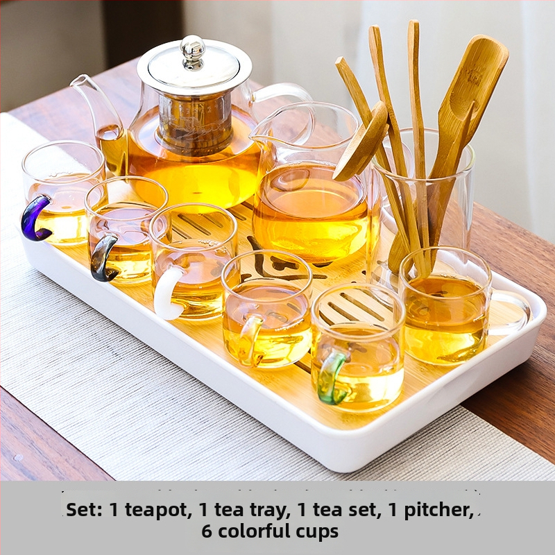 Set de ceai Kung Fu din sticlă rezistentă la temperatură, cu tavă de ceai, căni mici și ceainic – pentru casă, living și birou