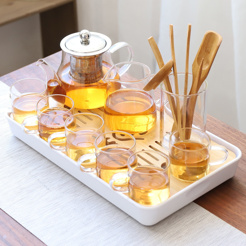 Set de ceai Kung Fu din sticlă rezistentă la temperatură, cu tavă de ceai, căni mici și ceainic – pentru casă, living și birou