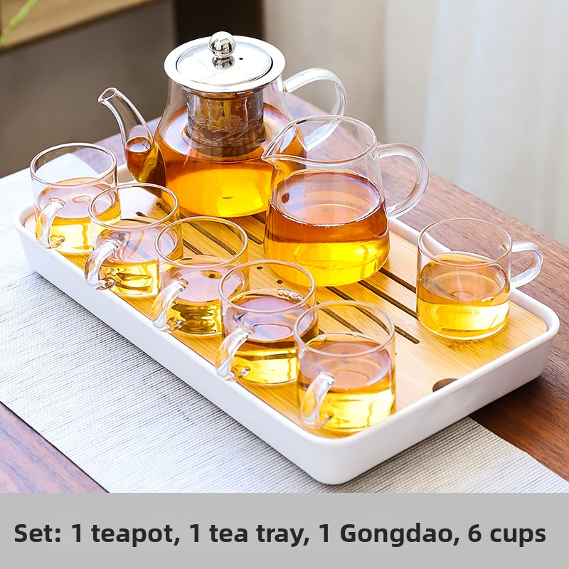 Set de ceai Kung Fu din sticlă rezistentă la temperatură, cu tavă de ceai, căni mici și ceainic – pentru casă, living și birou