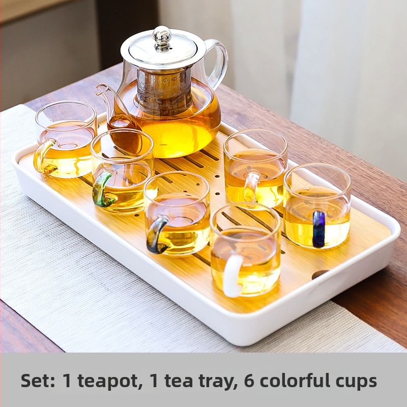 Set de ceai Kung Fu din sticlă rezistentă la temperatură, cu tavă de ceai, căni mici și ceainic – pentru casă, living și birou