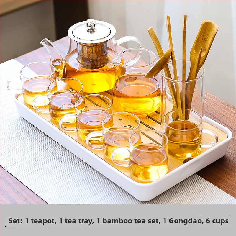 Set de ceai Kung Fu din sticlă rezistentă la temperatură, cu tavă de ceai, căni mici și ceainic – pentru casă, living și birou
