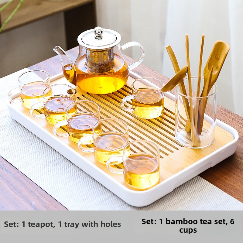 Set de ceai Kung Fu din sticlă rezistentă la temperatură, cu tavă de ceai, căni mici și ceainic – pentru casă, living și birou