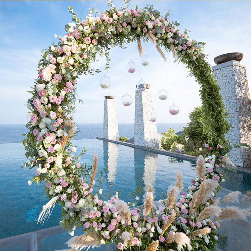 Arc dublu rotund pentru nuntă, arc metalic cu flori, decor pentru fundal exterior, auriu