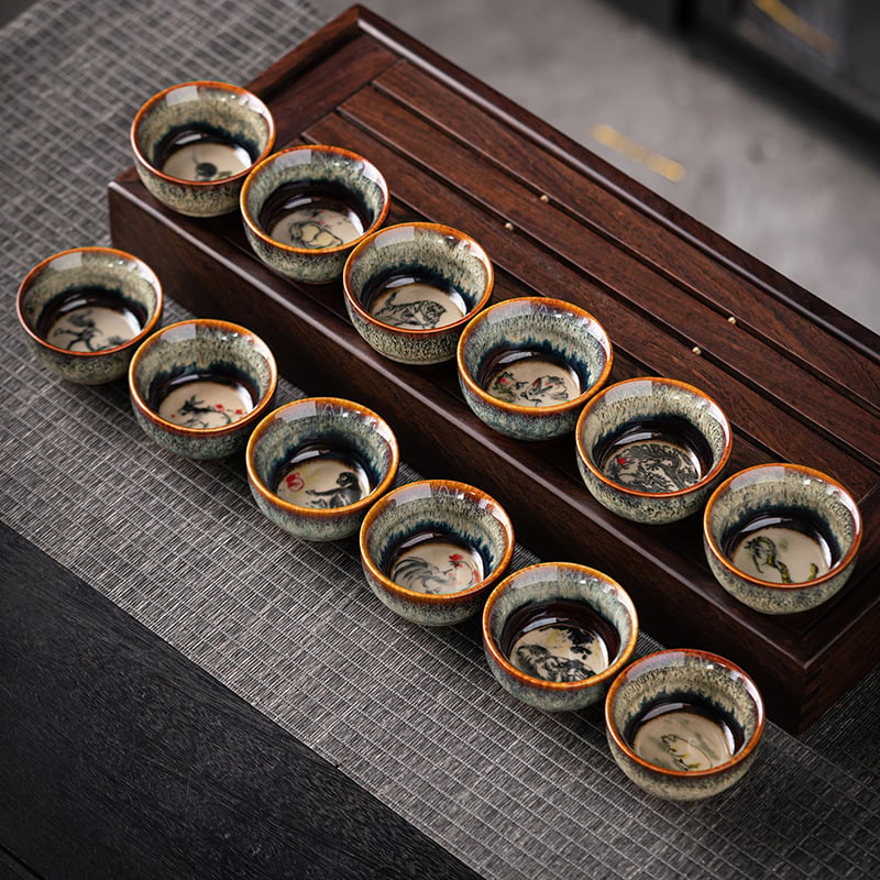Ceașcă de ceai ceramică Jianyang Jianzhan, Doisprezece zodii, stil Kung Fu, ceașcă mică de ceai
