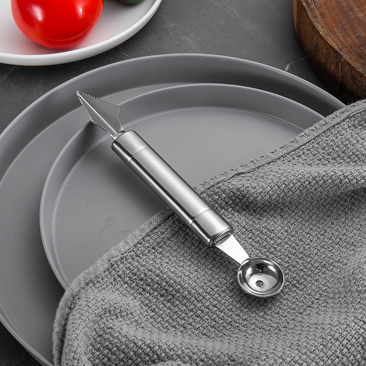 Lingură de fructe din oțel inoxidabil cu două capete, cuțit cu model ondulat și platou pentru pepene – set cadou