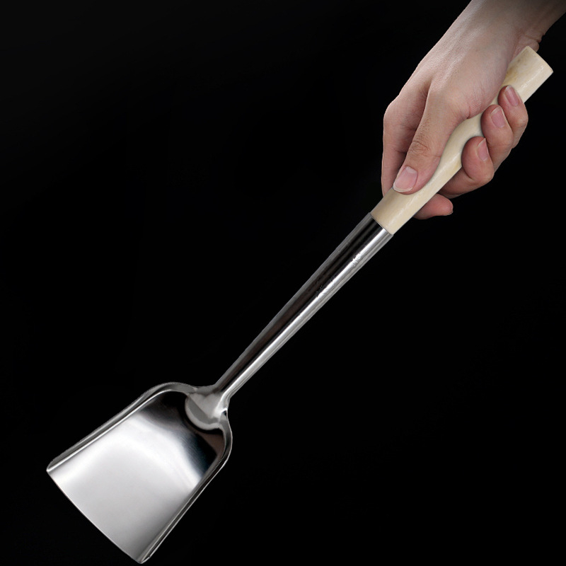 Spatulă pentru prăjit cu mâner din lemn, cap din oțel inoxidabil, ustensilă de bucătărie