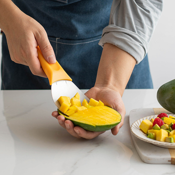 Decojitor de mango din oțel inoxidabil, lingură pentru pulpă de fructe, unealtă pentru tăierea mango-ului în cuburi, separator de coajă și sâmbure, lingură pentru scoaterea pulpei