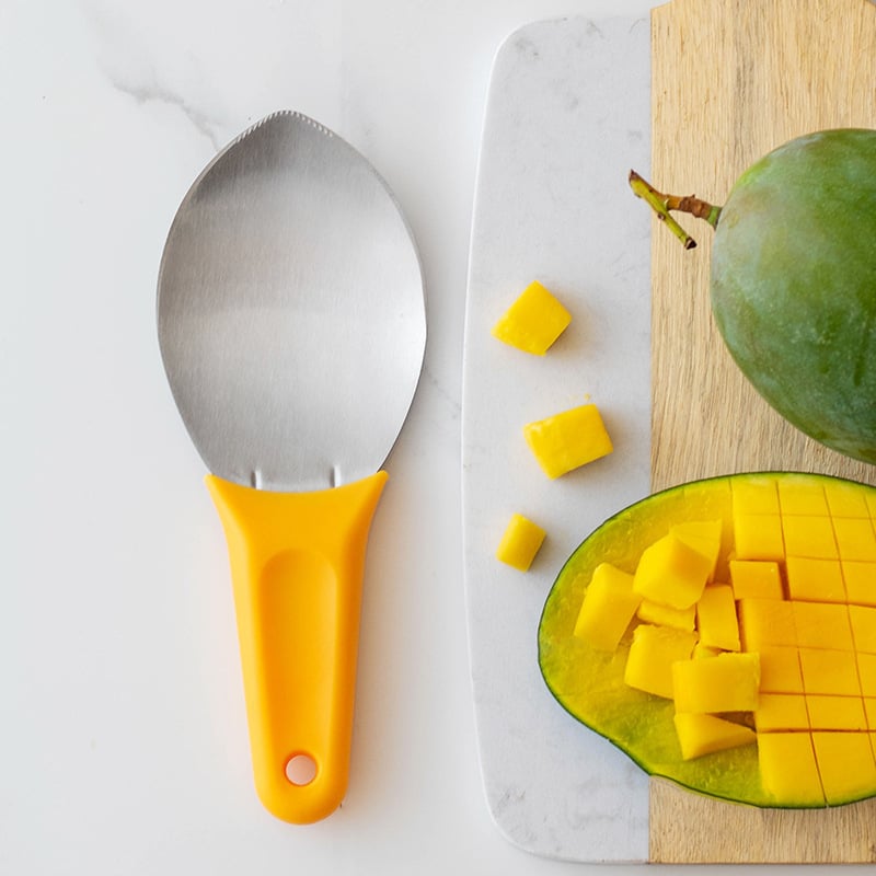 Decojitor de mango din oțel inoxidabil, lingură pentru pulpă de fructe, unealtă pentru tăierea mango-ului în cuburi, separator de coajă și sâmbure, lingură pentru scoaterea pulpei