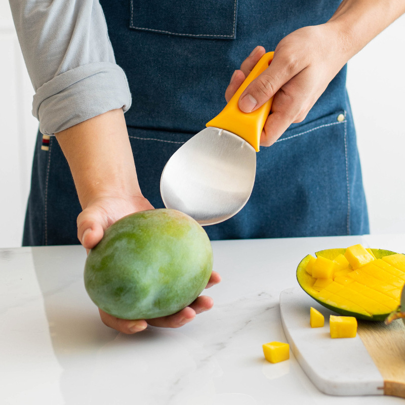 Decojitor de mango din oțel inoxidabil, lingură pentru pulpă de fructe, unealtă pentru tăierea mango-ului în cuburi, separator de coajă și sâmbure, lingură pentru scoaterea pulpei