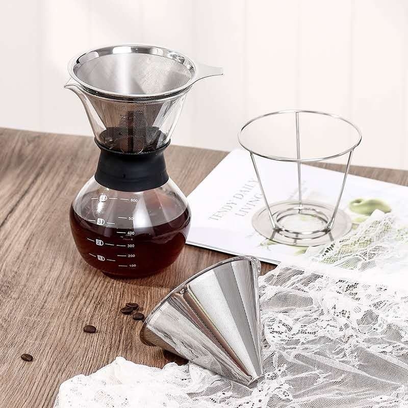 Set de cafea pentru infuzie manuală, cu filtru din oțel inoxidabil și pâlnie de turnare — fără filtru de hârtie, plasă ultra-fină