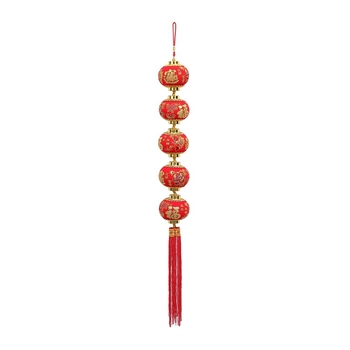 Șir festiv de felinare din flanelă cu noduri chinezești și cuplete pentru ferestre, uși și hol — decorativ din flanelă, lucrat manual