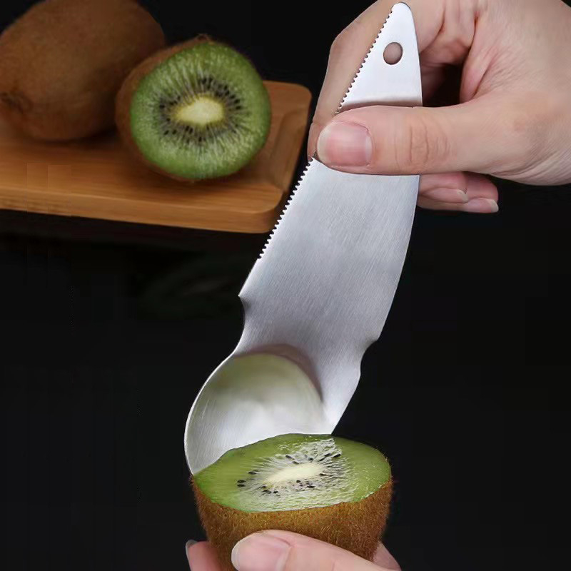 Lingură pentru kiwi din oțel inoxidabil 304, stil coreean, îngroșată, lingură multifuncțională pentru fructe și carne, cu margine dințată și tăietor de ouă