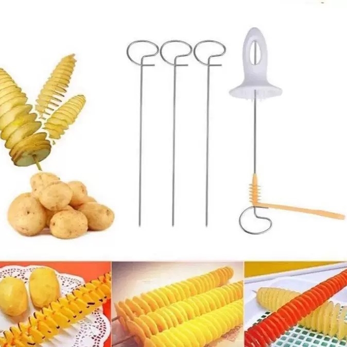 Tăietor manual de cartofi în spirală, cu feliere pentru chipsuri, set de frigăruii din oțel