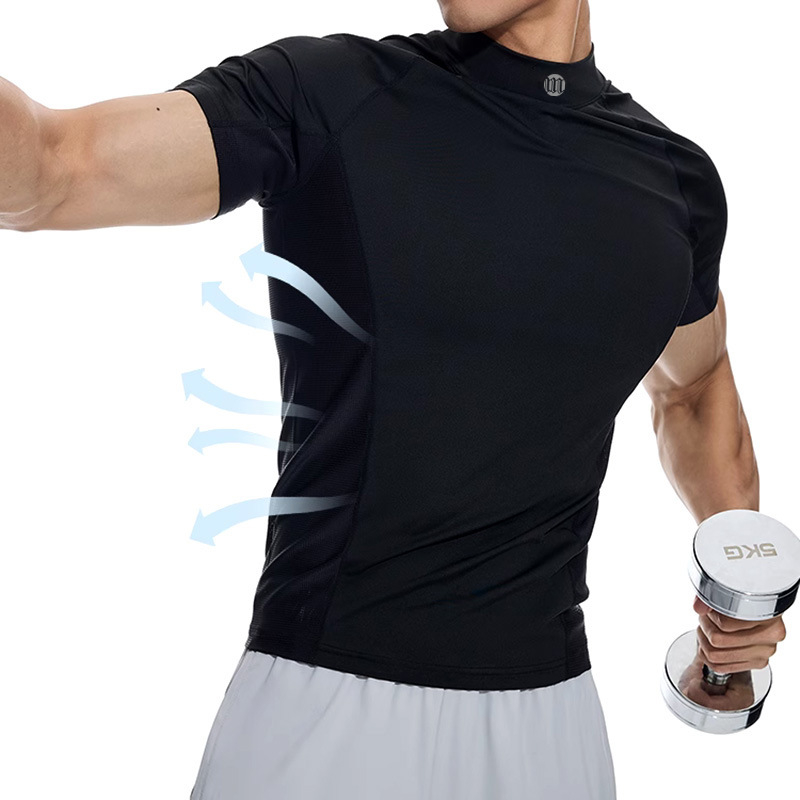 Muška fitness majica s visokim ovratnikom i mrežastim materijalom – prilagođen kroj, elastičan, kratki rukav za trčanje