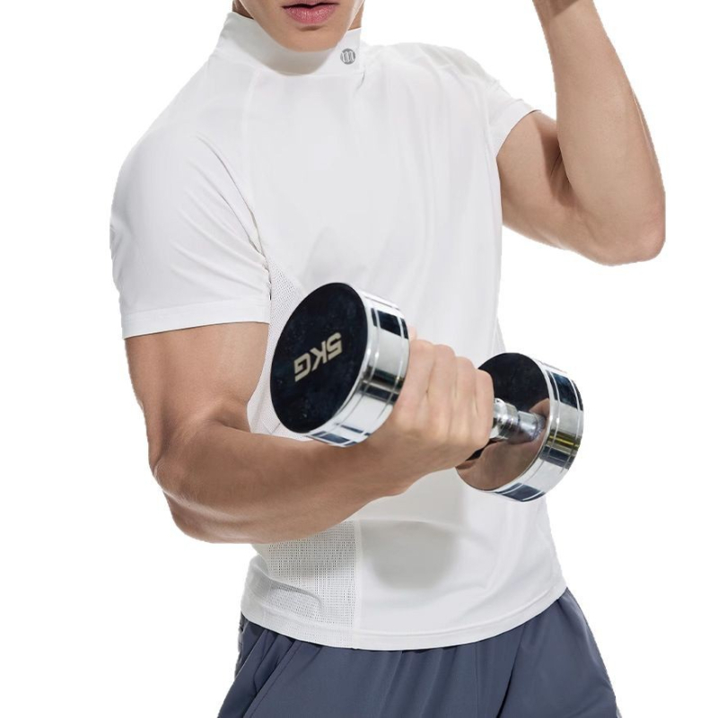 Muška fitness majica s visokim ovratnikom i mrežastim materijalom – prilagođen kroj, elastičan, kratki rukav za trčanje