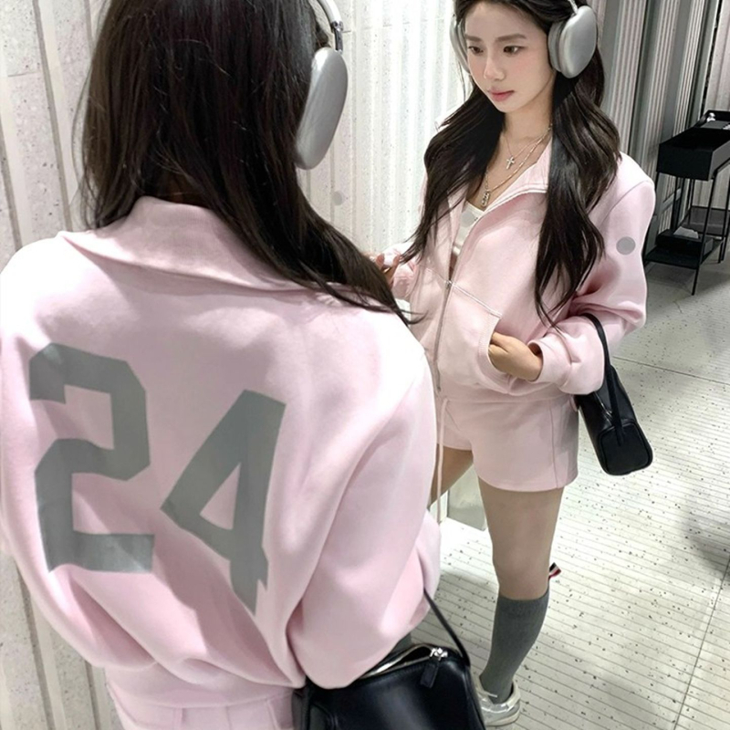 Ženski ružičasti zip hoodie i šortse, dvodijelni set u korejskom casual sportskom stilu za proljeće, jesen i zimu