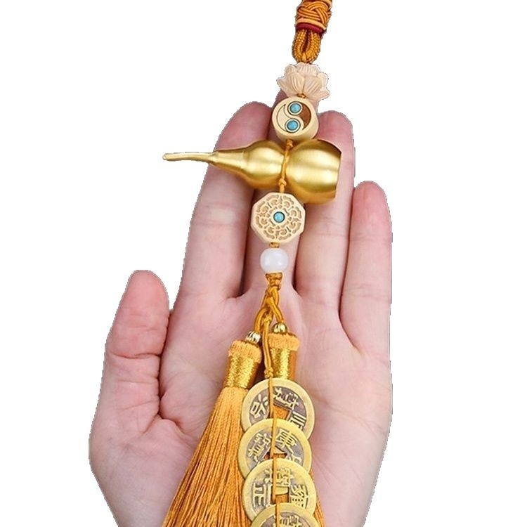 Pandantiv mare din cupru, în formă de dovleac, cu monedele celor Cinci Împărați, nod chinezesc, amulet feng shui