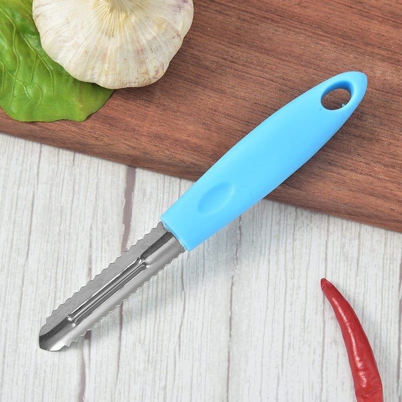 Instrument de bucătărie din oțel inoxidabil, multifuncțional pentru decojit fructe și legume și răzuitor pentru solzi de pește.
