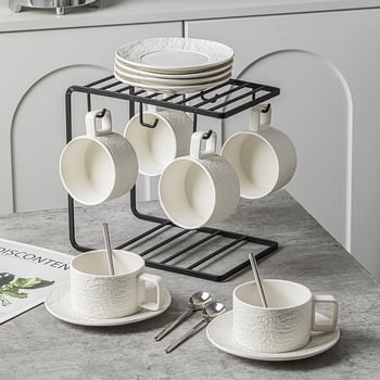 Set ceramic de cafea pentru mic dejun cu farfurioară, suport pentru cești și linguri, design elegant